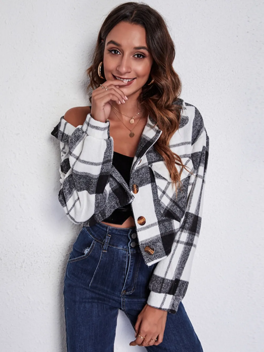 Plaid Button Front Jacket with Pockets, image 5