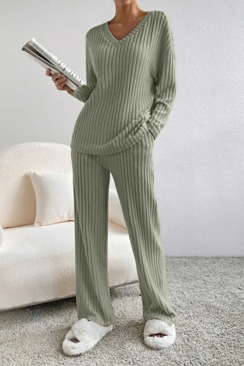 Ribbed V-Neck Top and Pants Set, image 9