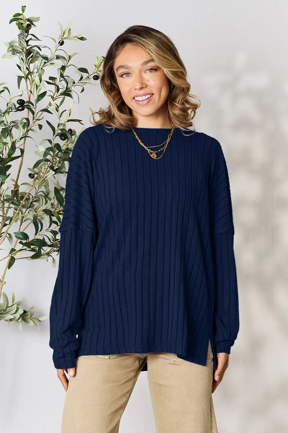 Full Size Ribbed Round Neck Slit Knit Top, image 17