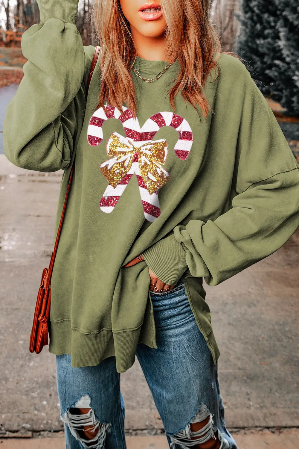 Sequin Candy Cane Round Neck Slit Sweatshirt, image 3