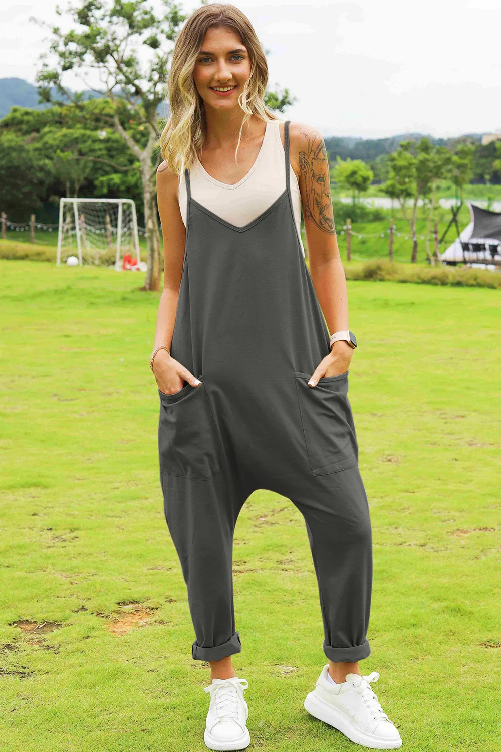 Full Size Sleeveless V-Neck Pocketed Jumpsuit, image 2