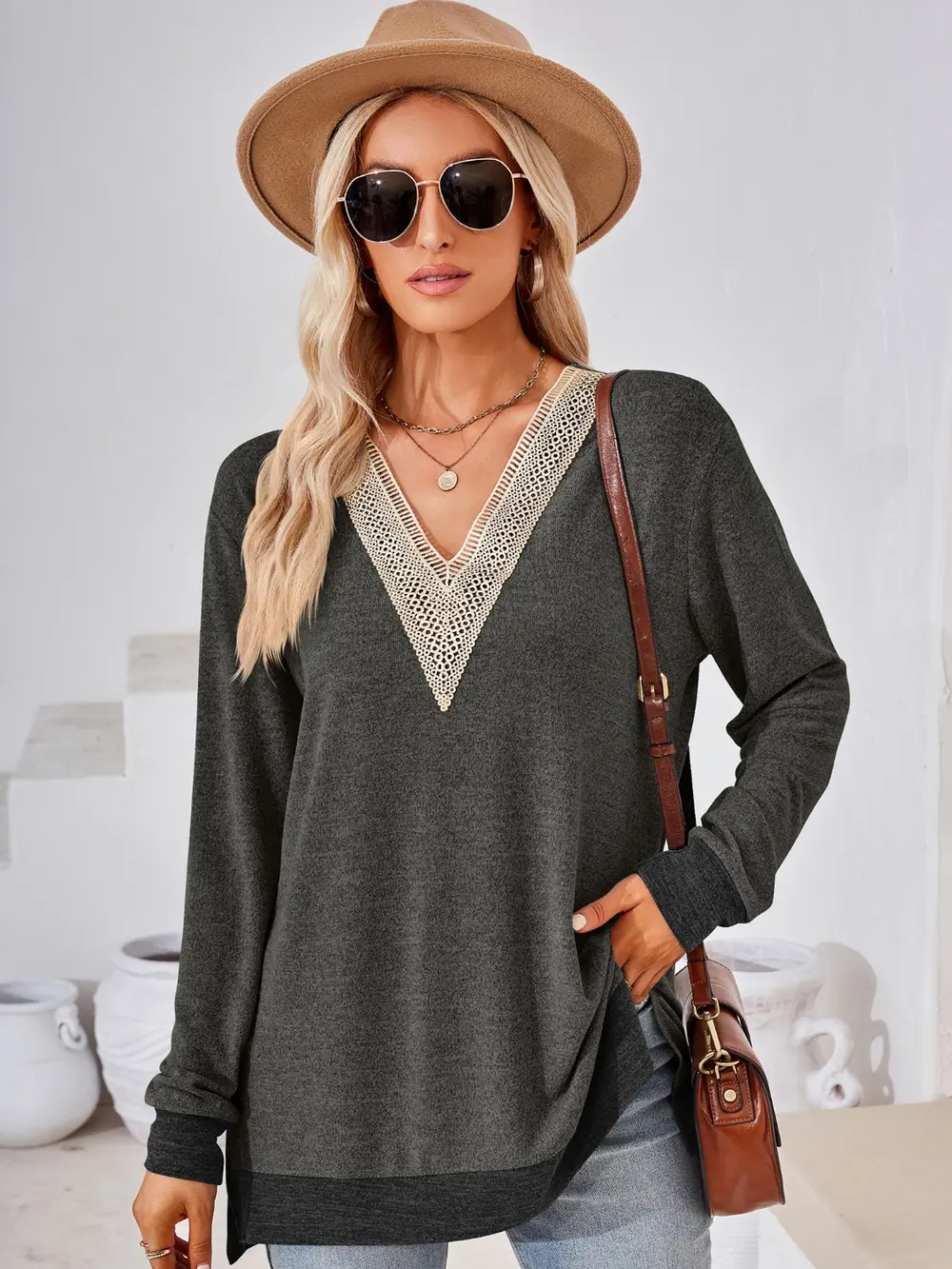 Crochet Contrast V-Neck Long Sleeve Slit T-Shirt, image 26