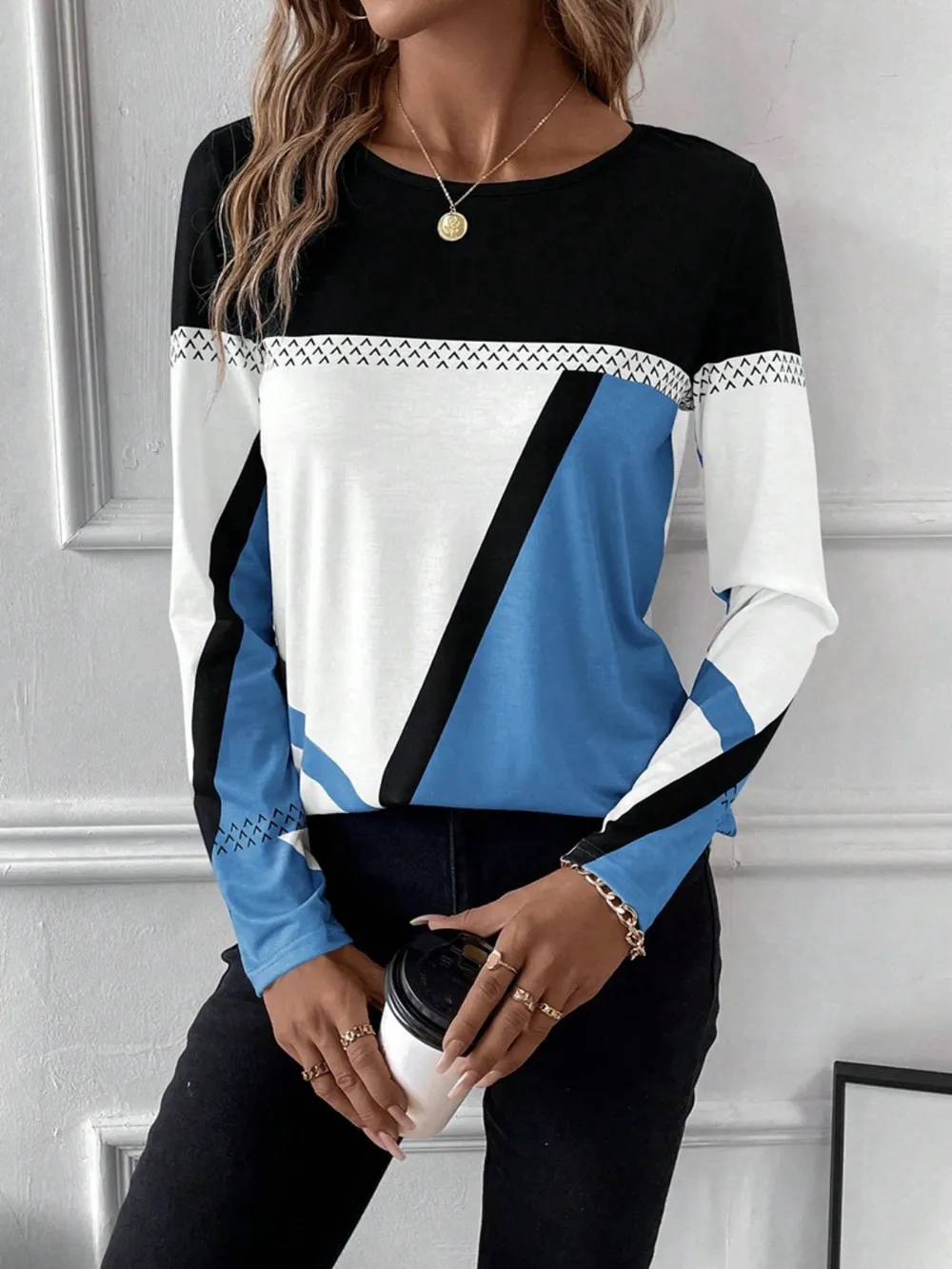 Contrast Round Neck Long Sleeve T-Shirt, image 6