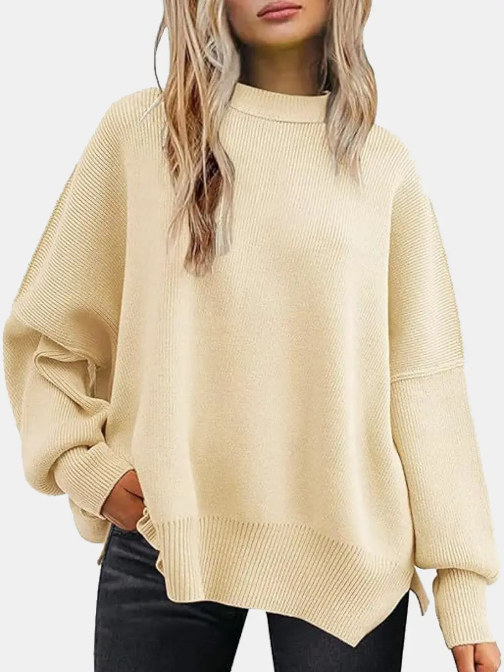 Round Neck Drop Shoulder Slit Sweater, image 8