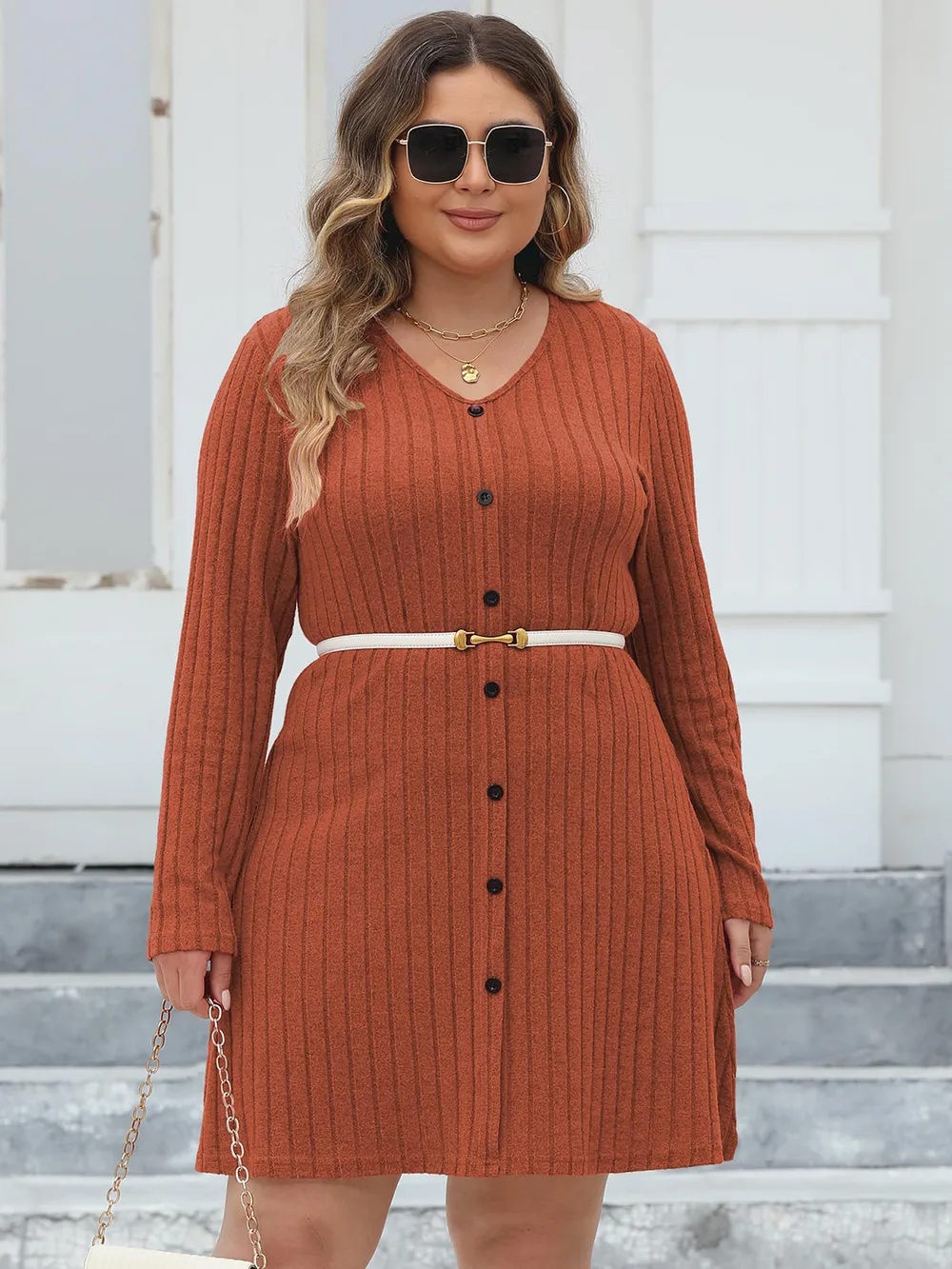 Plus Size Ribbed Buttoned V-Neck Long Sleeve Dress, image 7