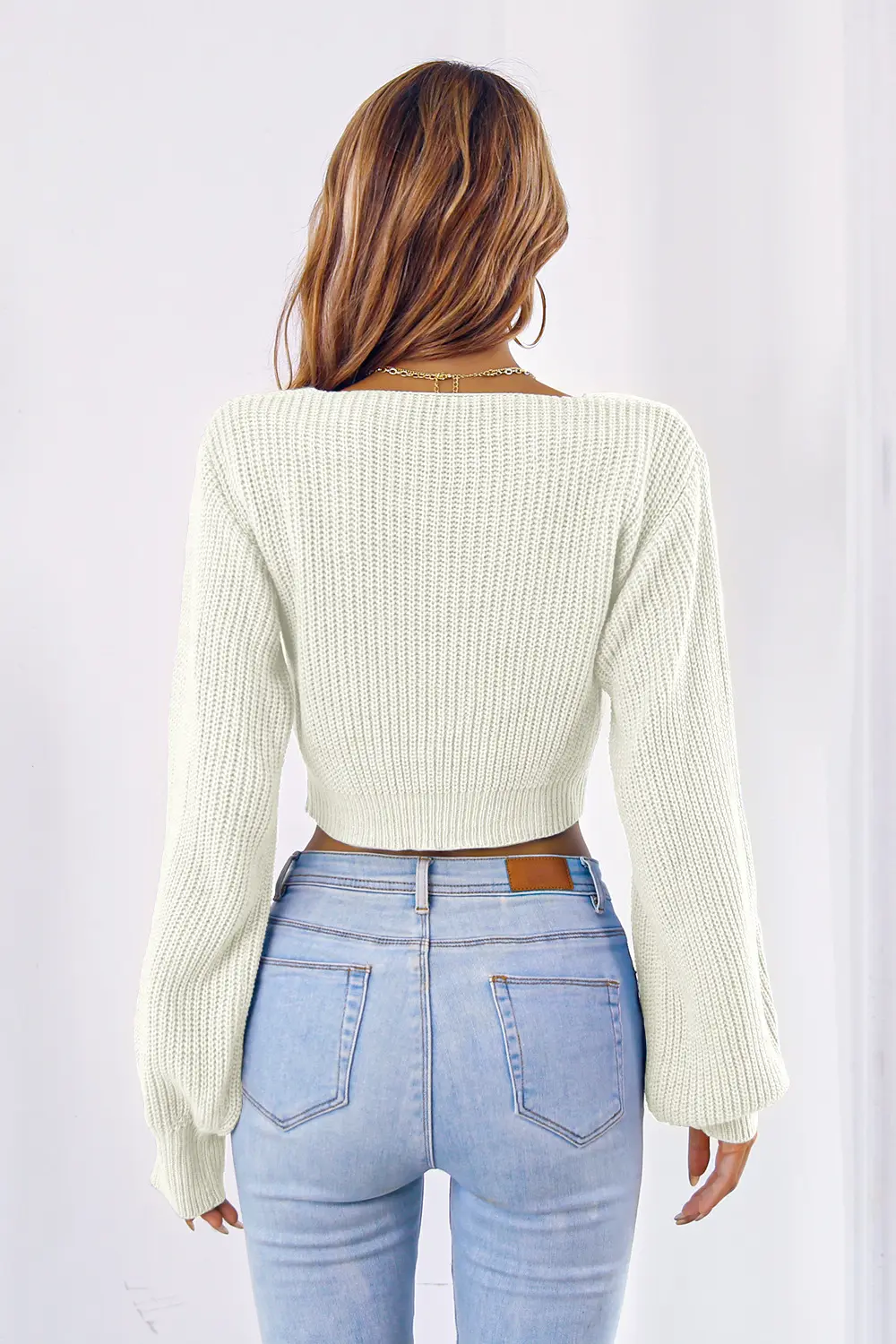Bow V-Neck Long Sleeve Cropped Sweater, image 6
