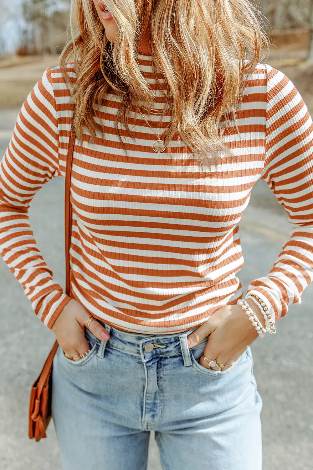 Striped Mock Neck Long Sleeve Top, image 6