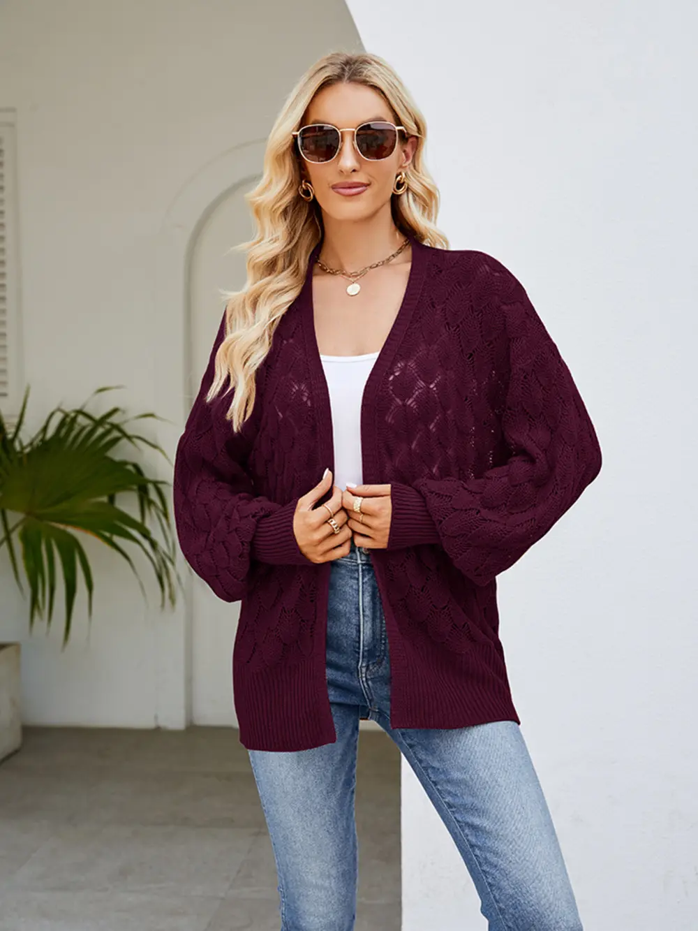 Openwork Open Front Lantern Sleeve Cardigan, image 5