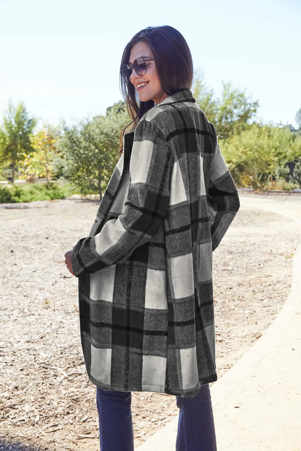 Full Size Plaid Button Up Lapel Collar Coat, image 12