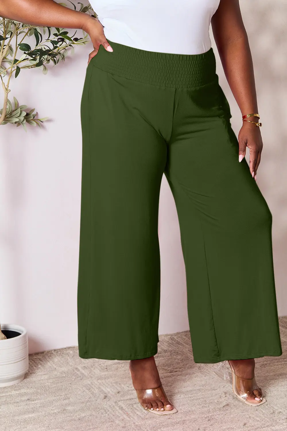 Full Size Smocked Wide Waistband Wide Leg Pants, image 10