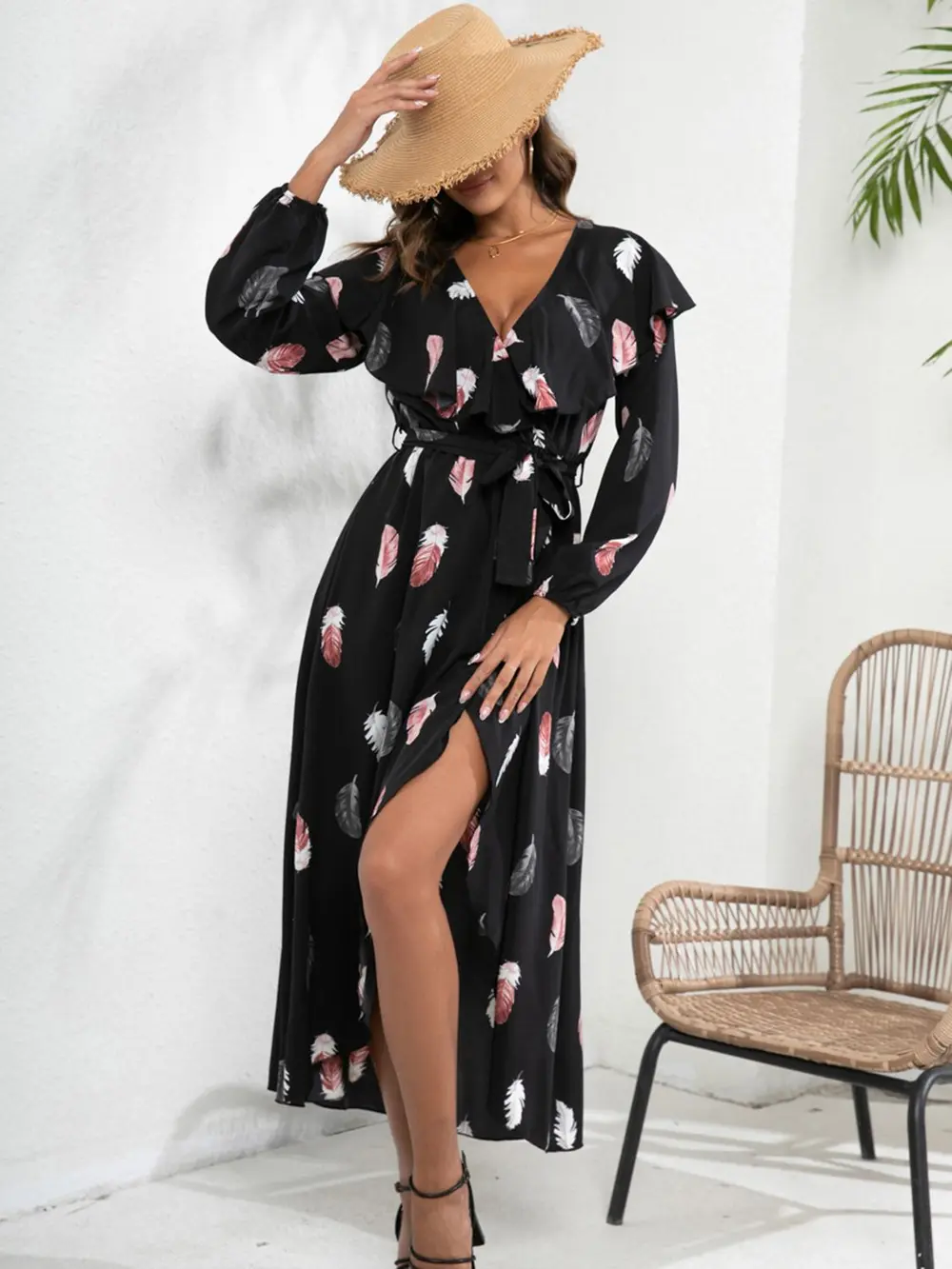 Printed Tie Front Ruffle Trim Long Sleeve Dress, image 5