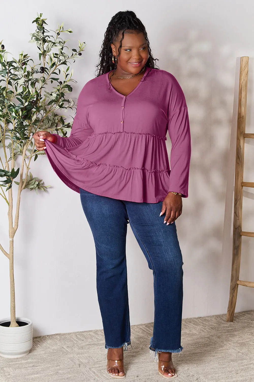 Half Button Long Sleeve Ruffle Hem Blouse, image 8