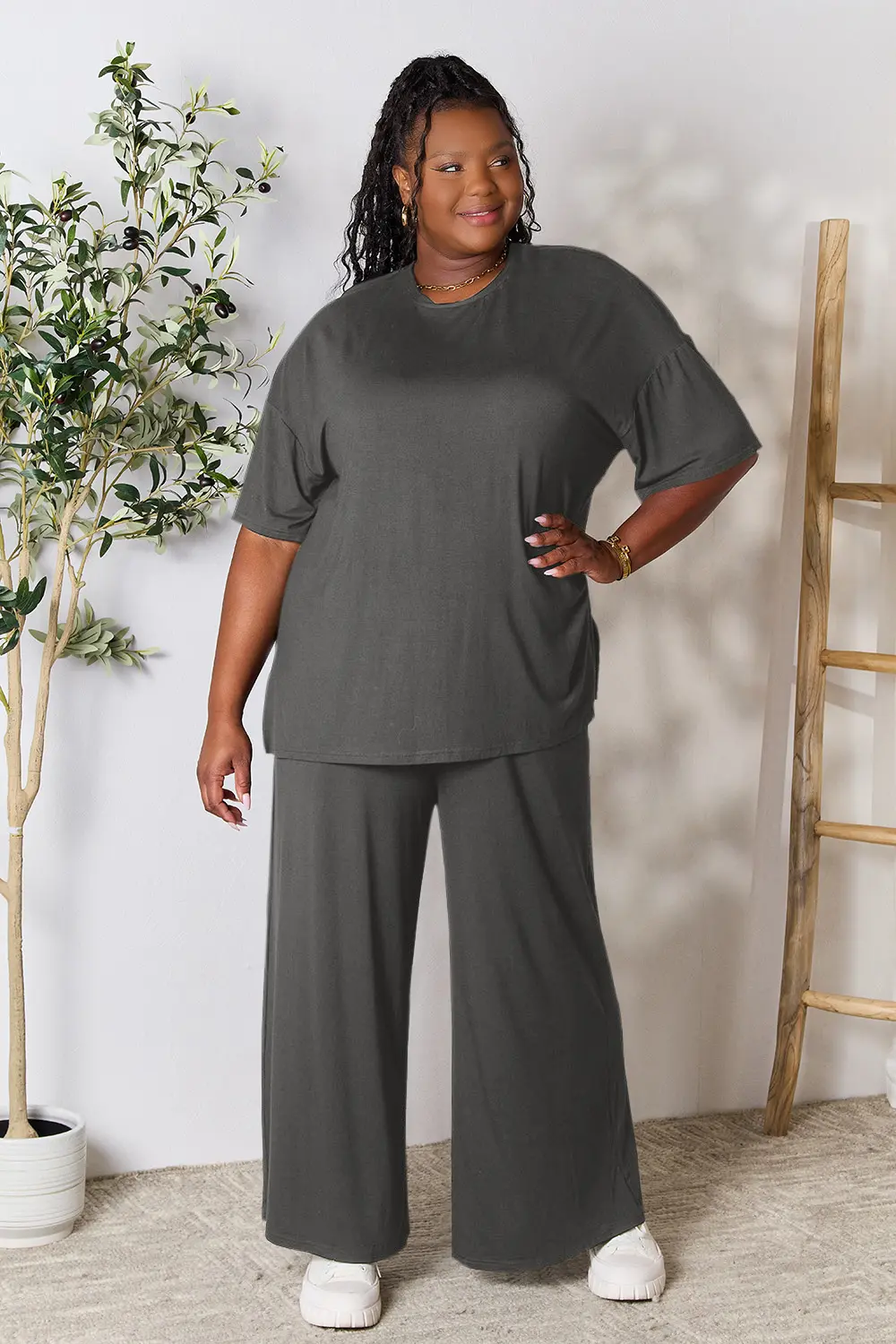 Full Size Round Neck Slit Top and Pants Set, image 11