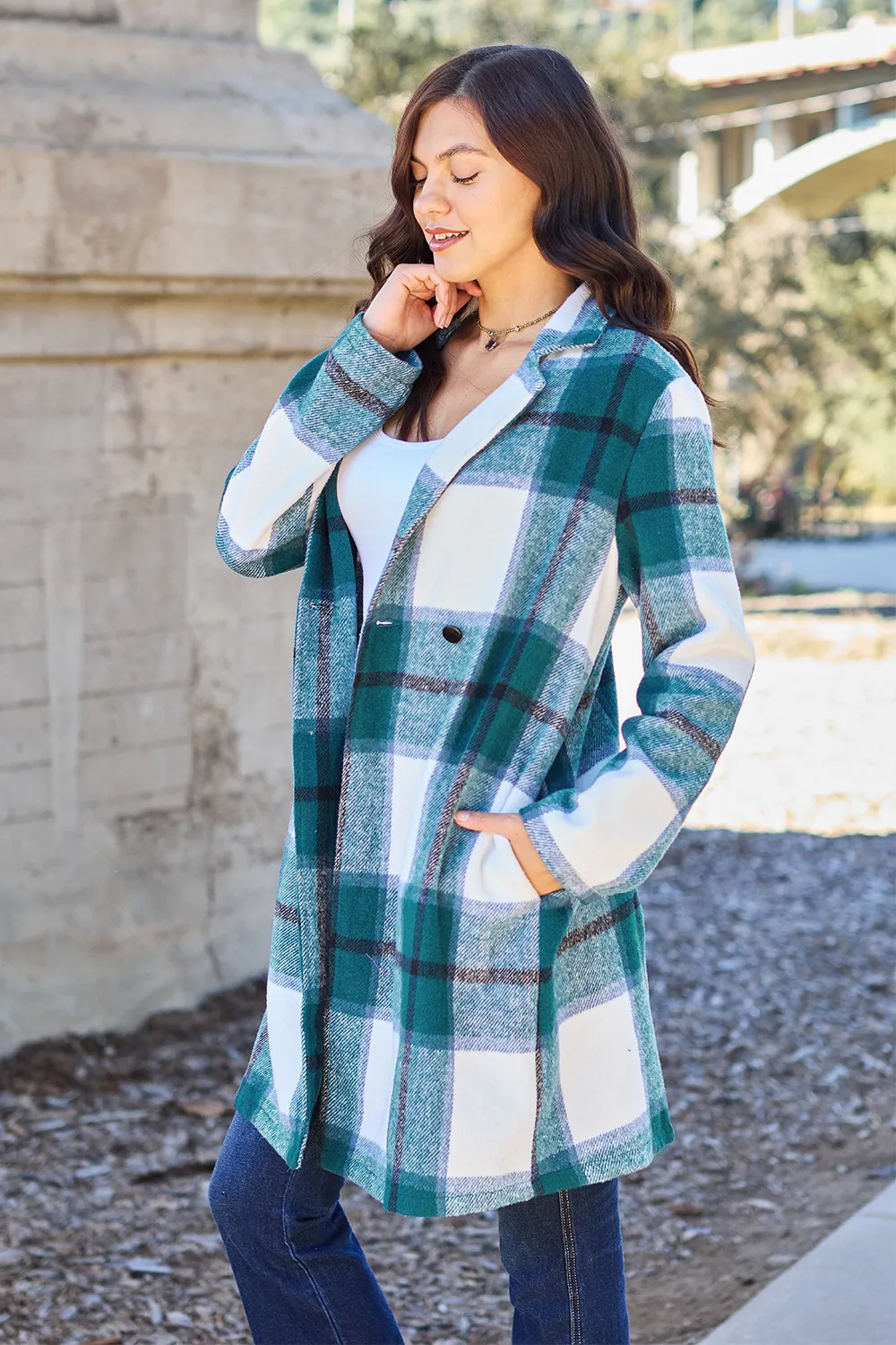 Full Size Plaid Button Up Lapel Collar Coat, image 13