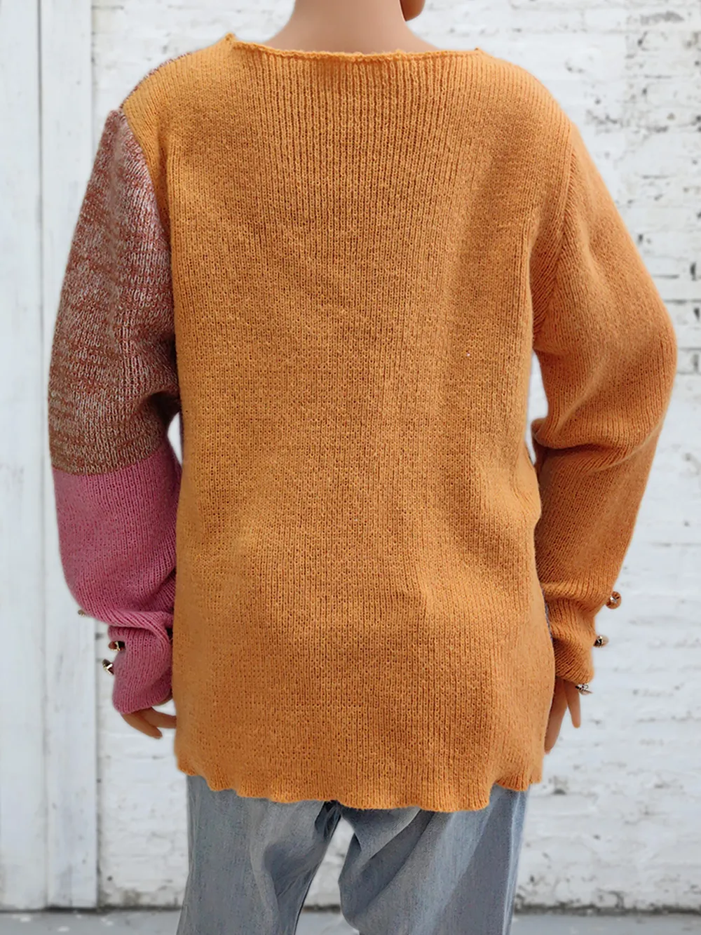 Color Block Decorative Button Long Sleeve Sweater, image 2