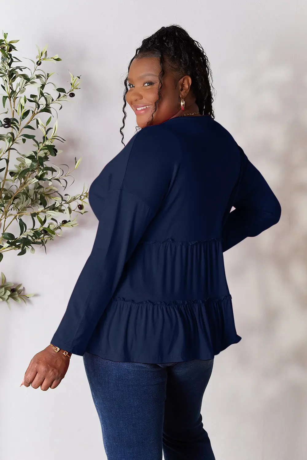 Half Button Long Sleeve Ruffle Hem Blouse, image 9