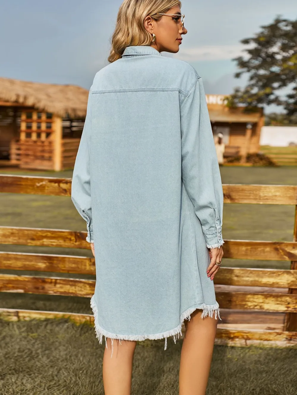 Button Up Collared Neck Raw Hem Denim Dress, image 6