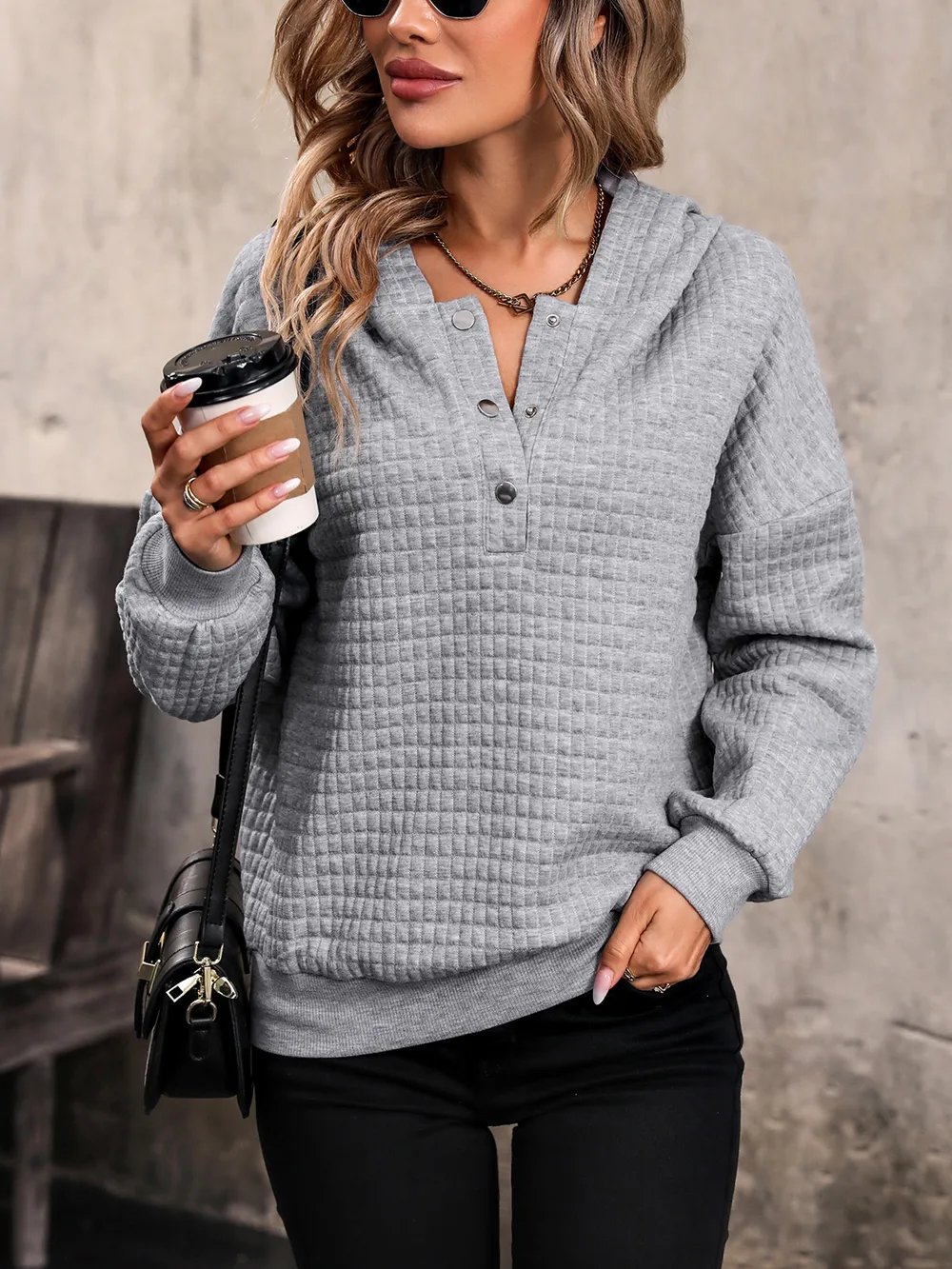 Waffle-Knit Half Button Hoodie, image 3