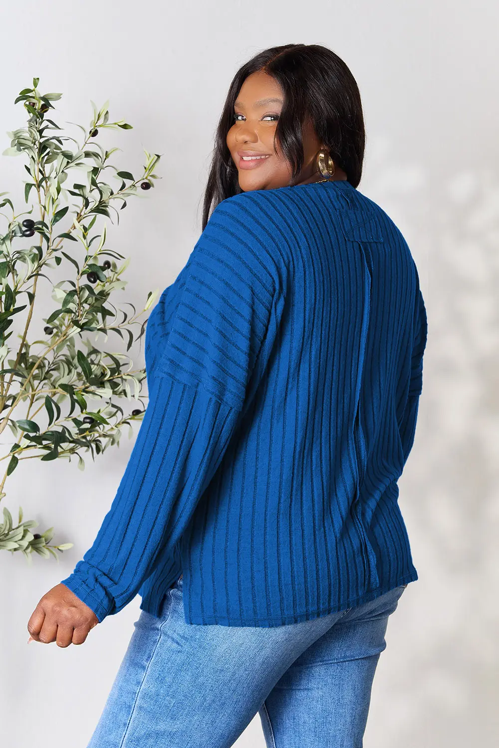 Full Size Ribbed Round Neck Slit Knit Top, image 18