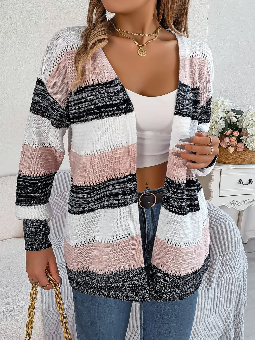 Openwork Striped Open Front Cardigan, image 7