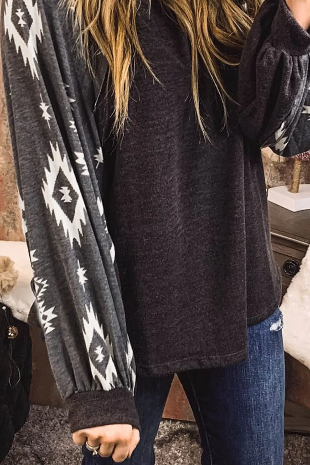 Geometric Round Neck Long Sleeve T-Shirt, image 3