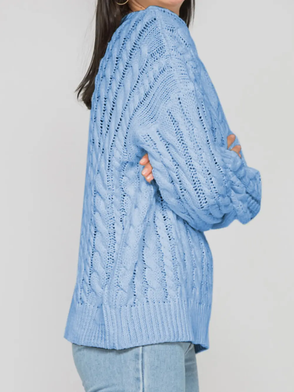 Openwork Round Sleeve Cable-Knit Sweater, image 6
