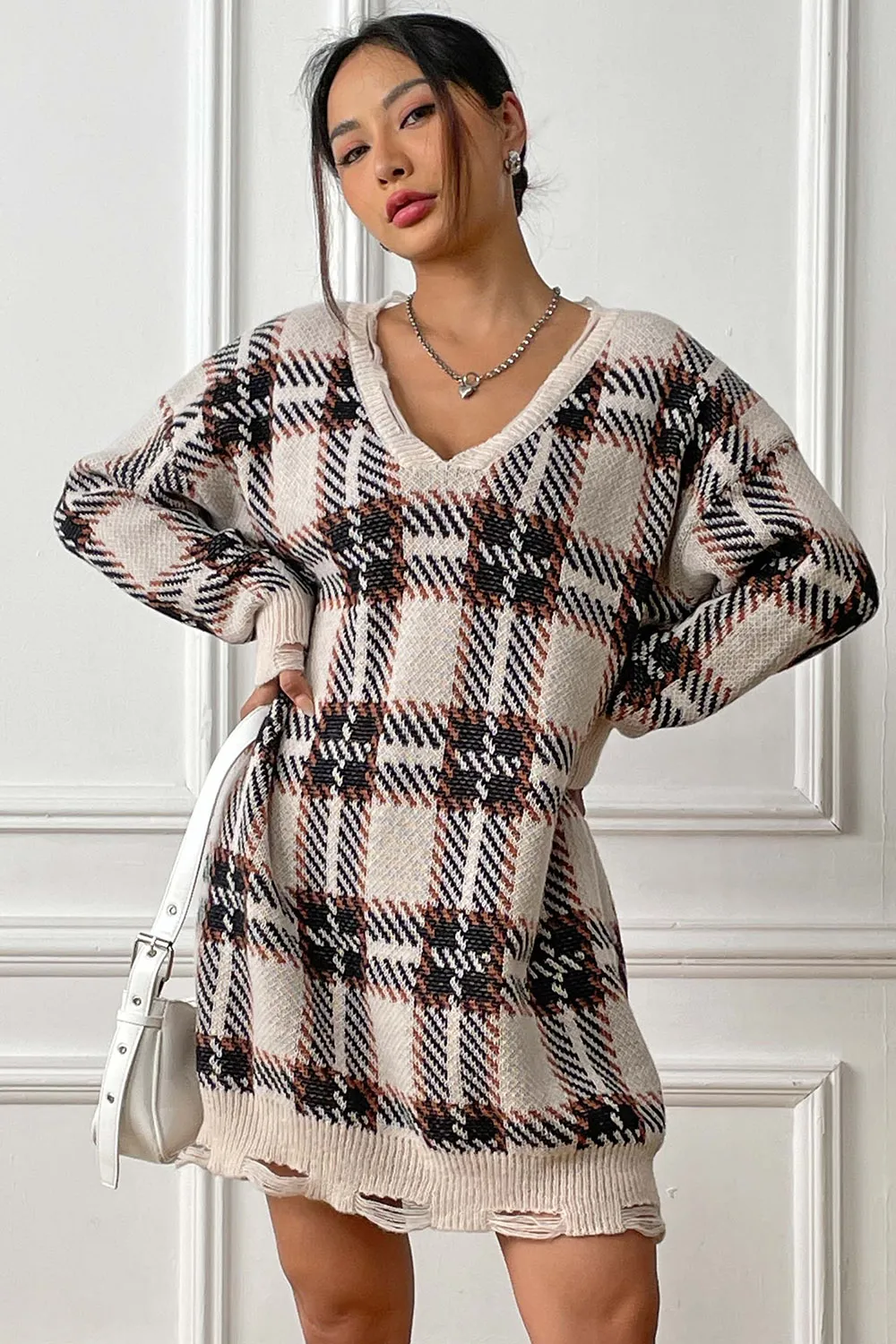 Plaid V-Neck Long Sleeve Sweater Dress, image 13