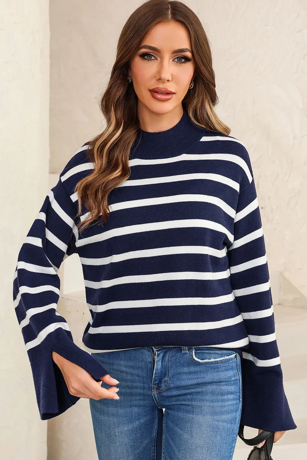 Striped Slit Drop Shoulder Sweater, image 2