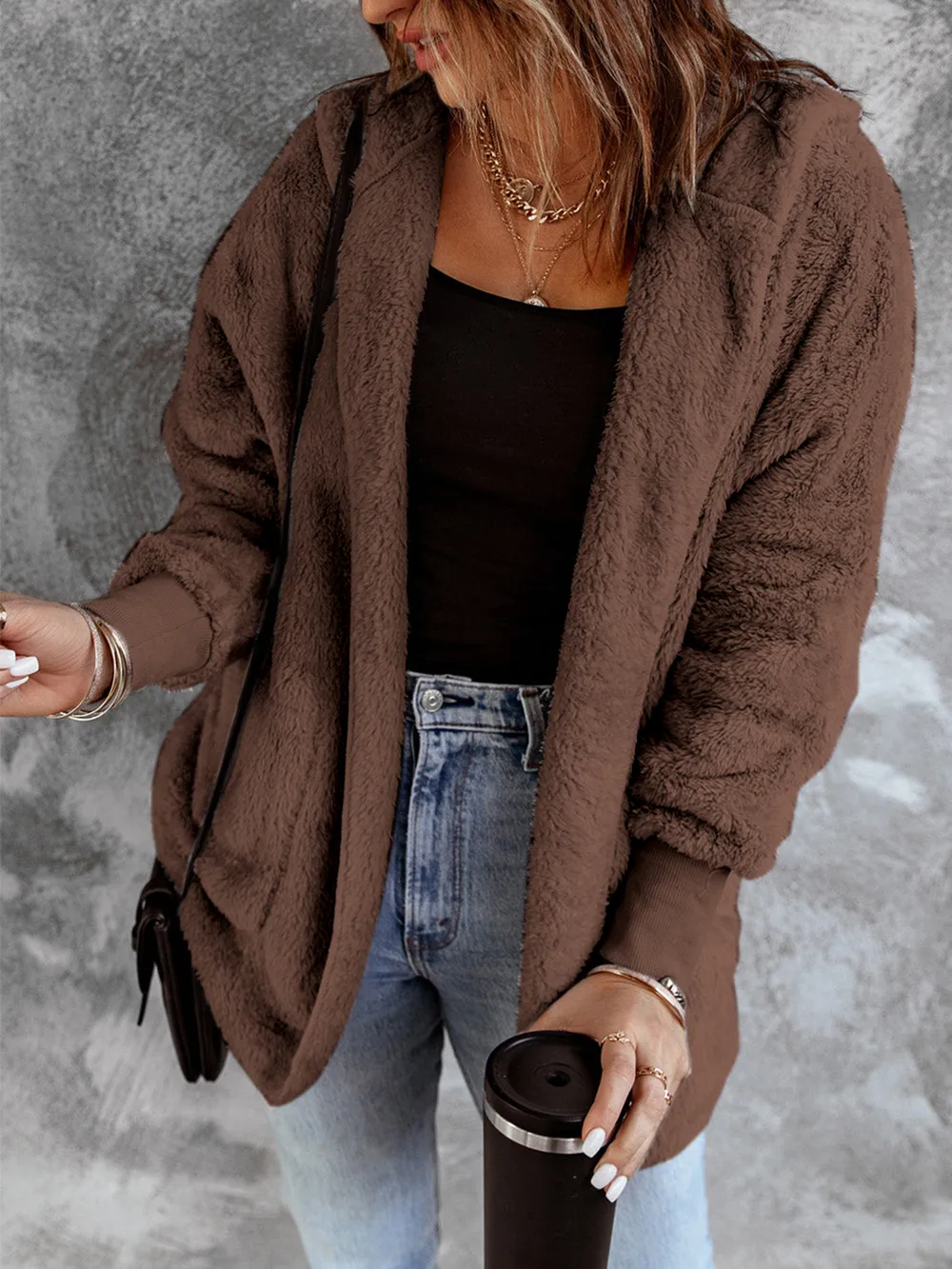 Open Front Hooded Faux Fur Outwear with Pockets, image 11