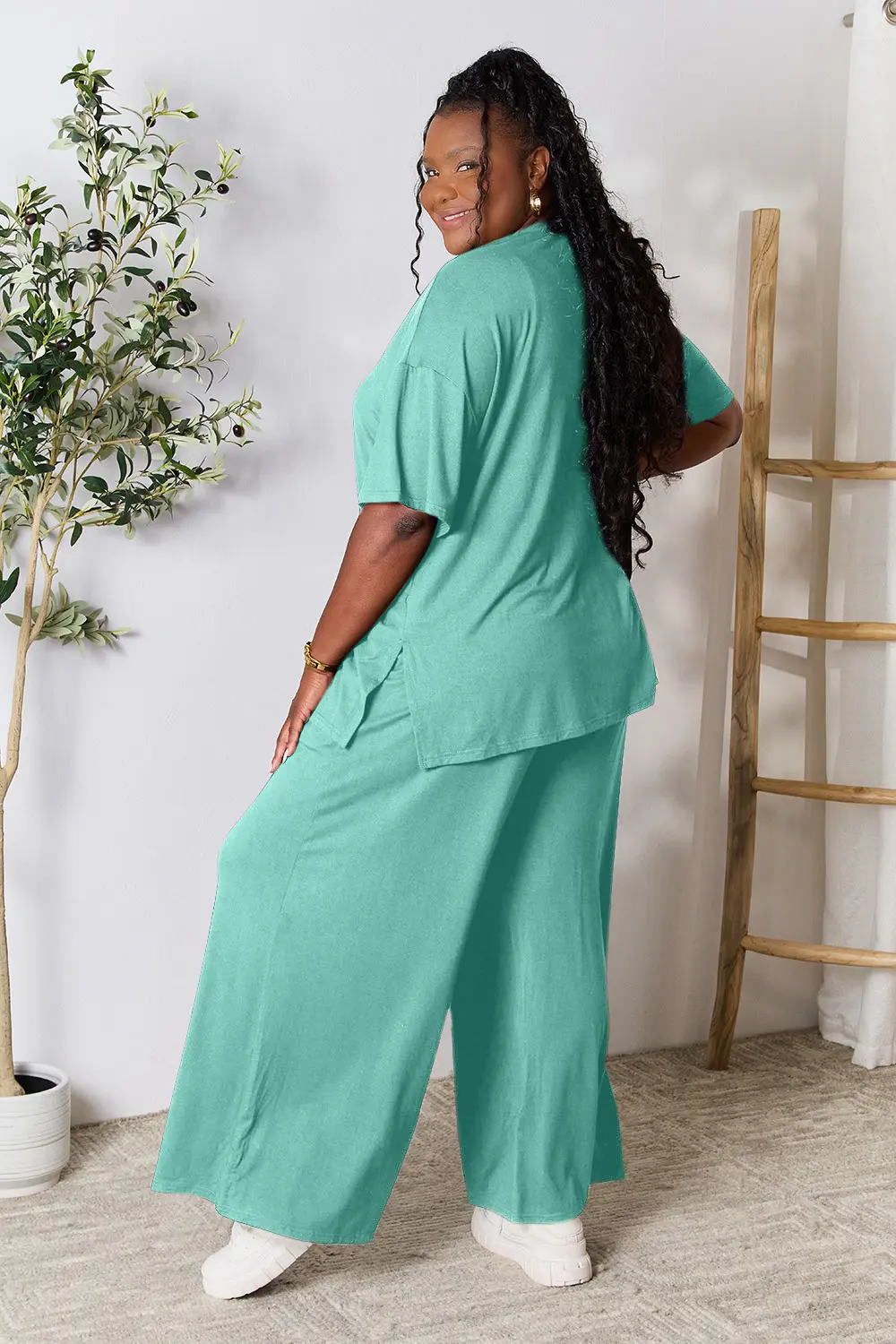 Full Size Round Neck Slit Top and Pants Set, image 12
