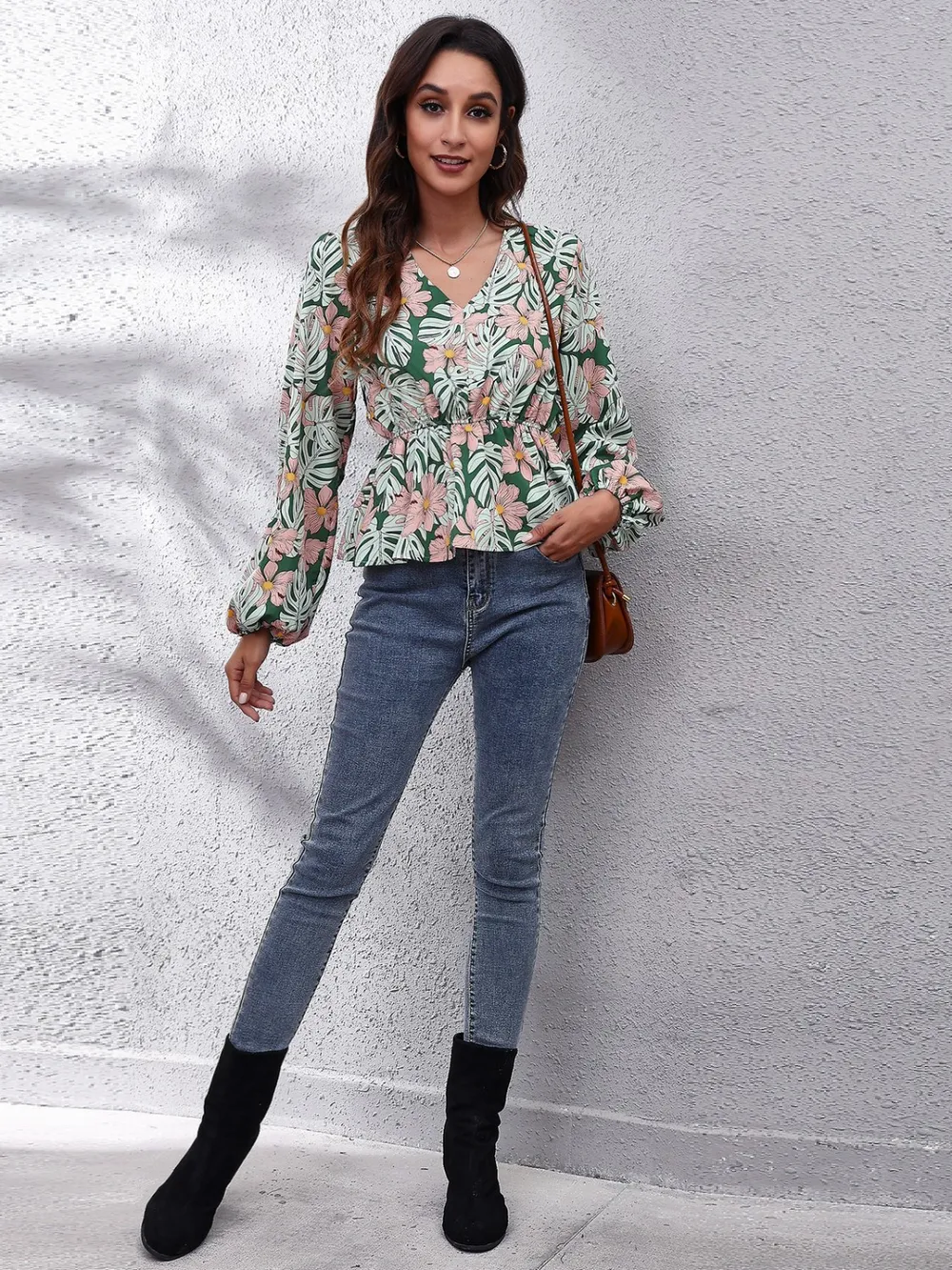 Floral V-Neck Balloon Sleeve Peplum Blouse, image 5