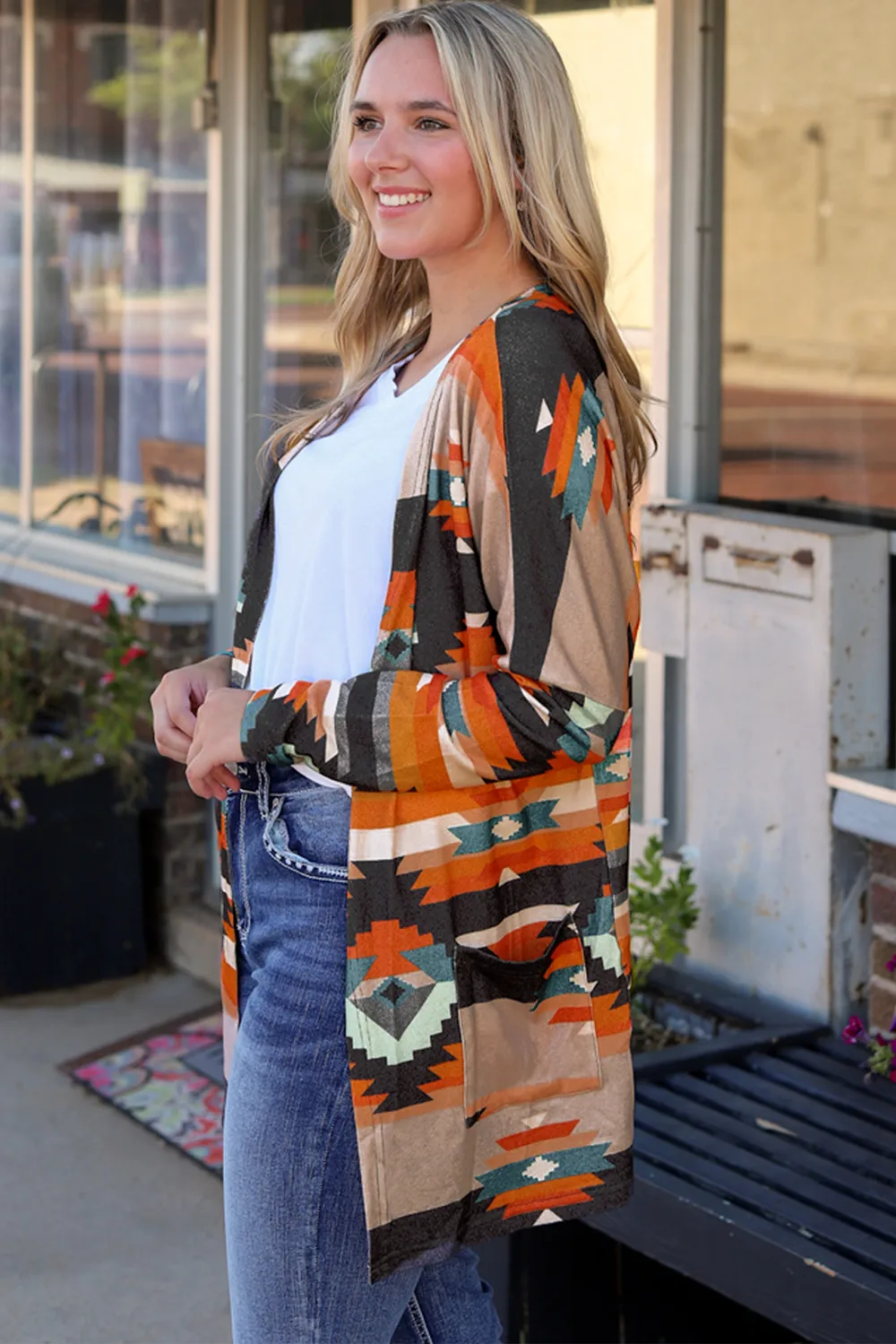 Geometric Open Front Long Sleeve Cardigan with Pockets, image 2