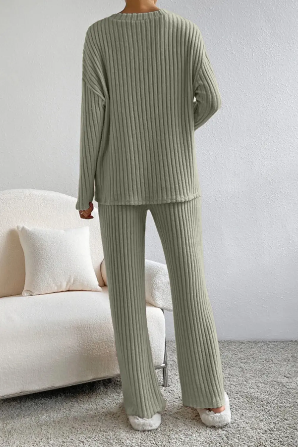 Ribbed V-Neck Top and Pants Set, image 11