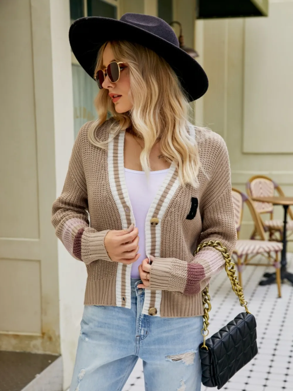Contrast Button Up Dropped Shoulder Cardigan, image 2