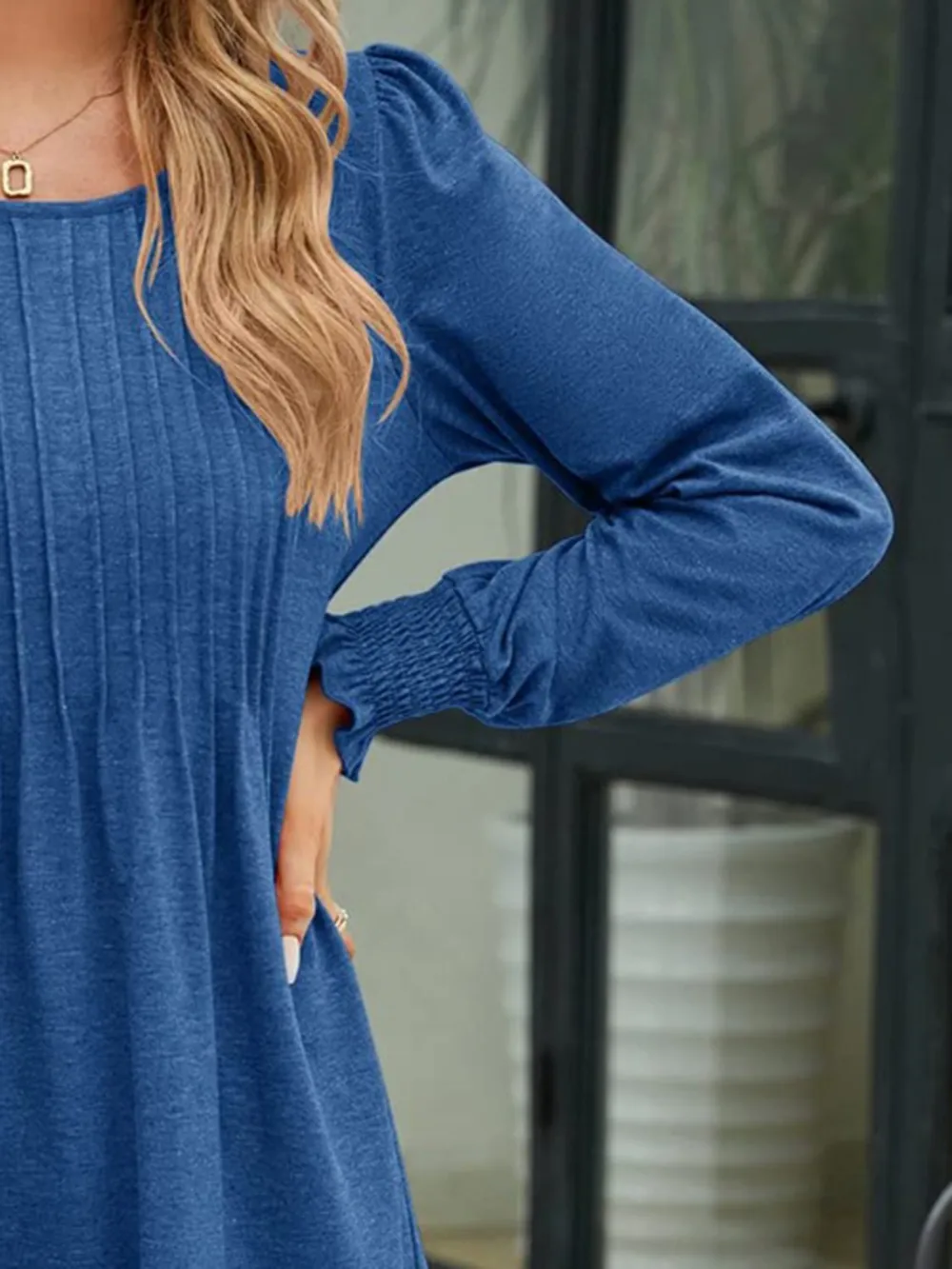 Smocked Round Neck Lantern Sleeve Blouse, image 12