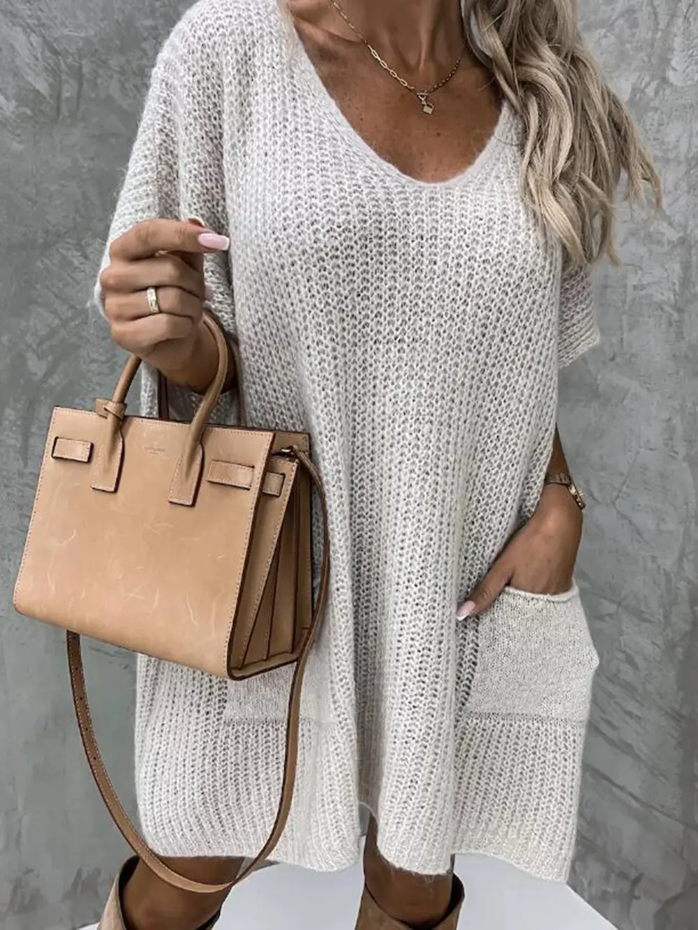 V-Neck Short Sleeve Sweater with Pockets, image 8