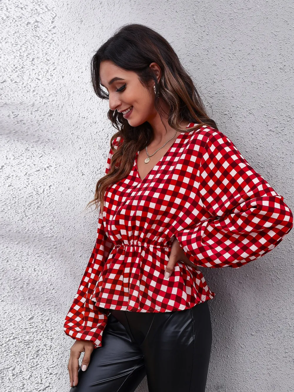 Plaid V-Neck Balloon Sleeve Peplum Blouse, image 3