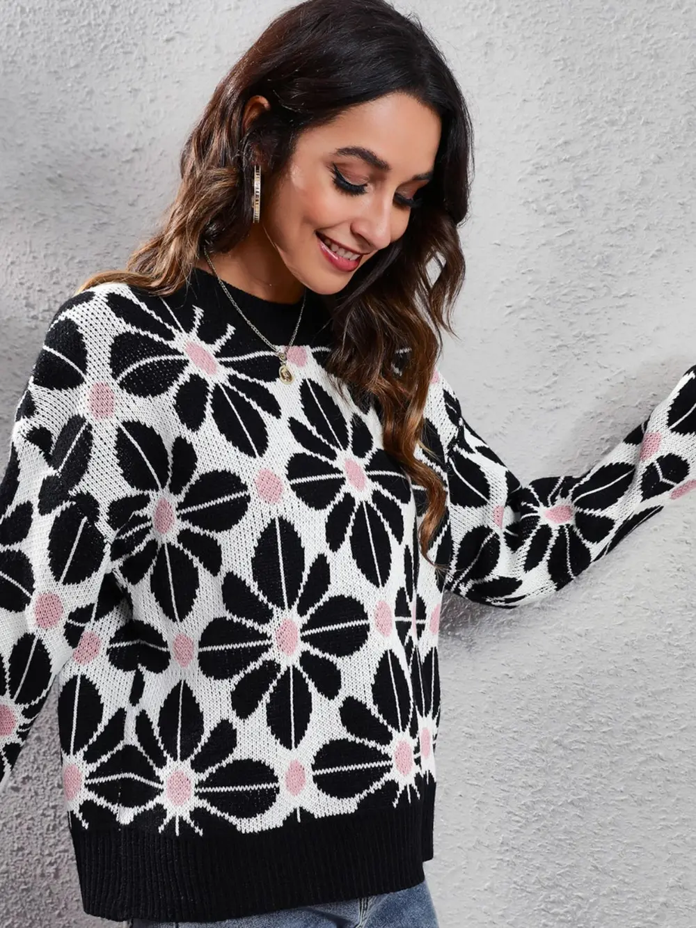 Floral Round Neck Long Sleeve Sweater, image 5