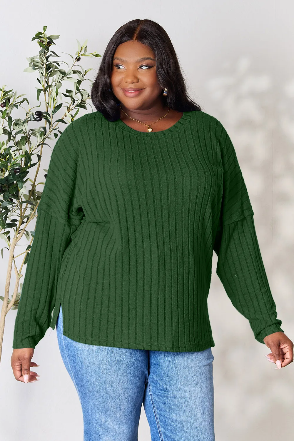 Full Size Ribbed Round Neck Slit Knit Top, image 20