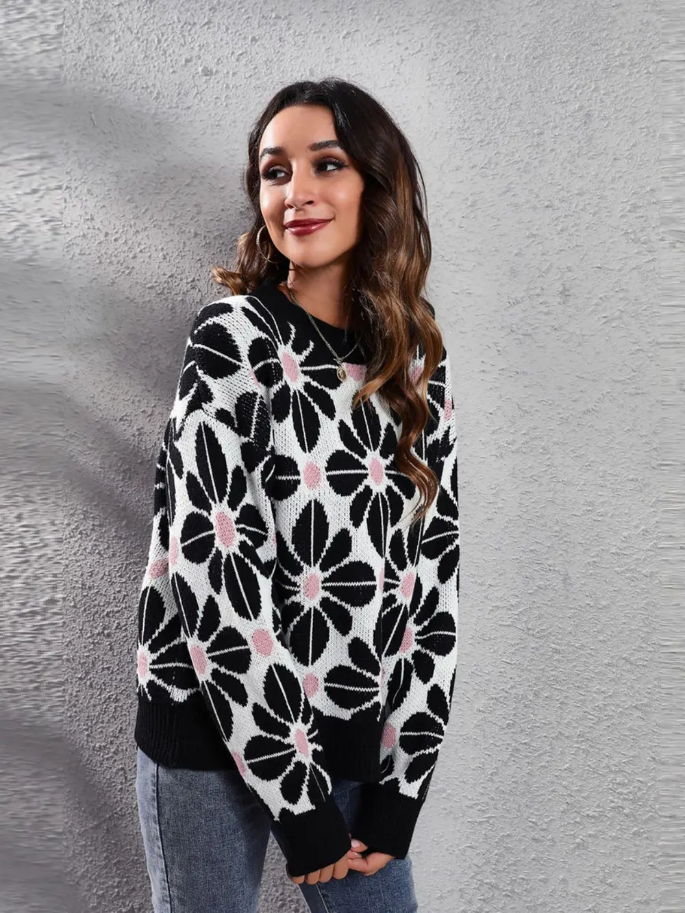Floral Round Neck Long Sleeve Sweater, image 4