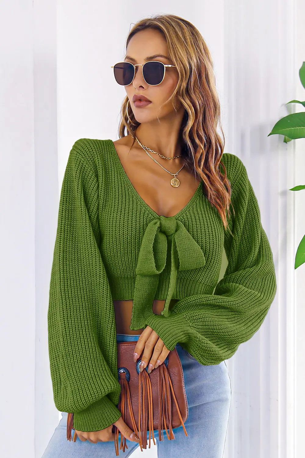 Bow V-Neck Long Sleeve Cropped Sweater, image 7