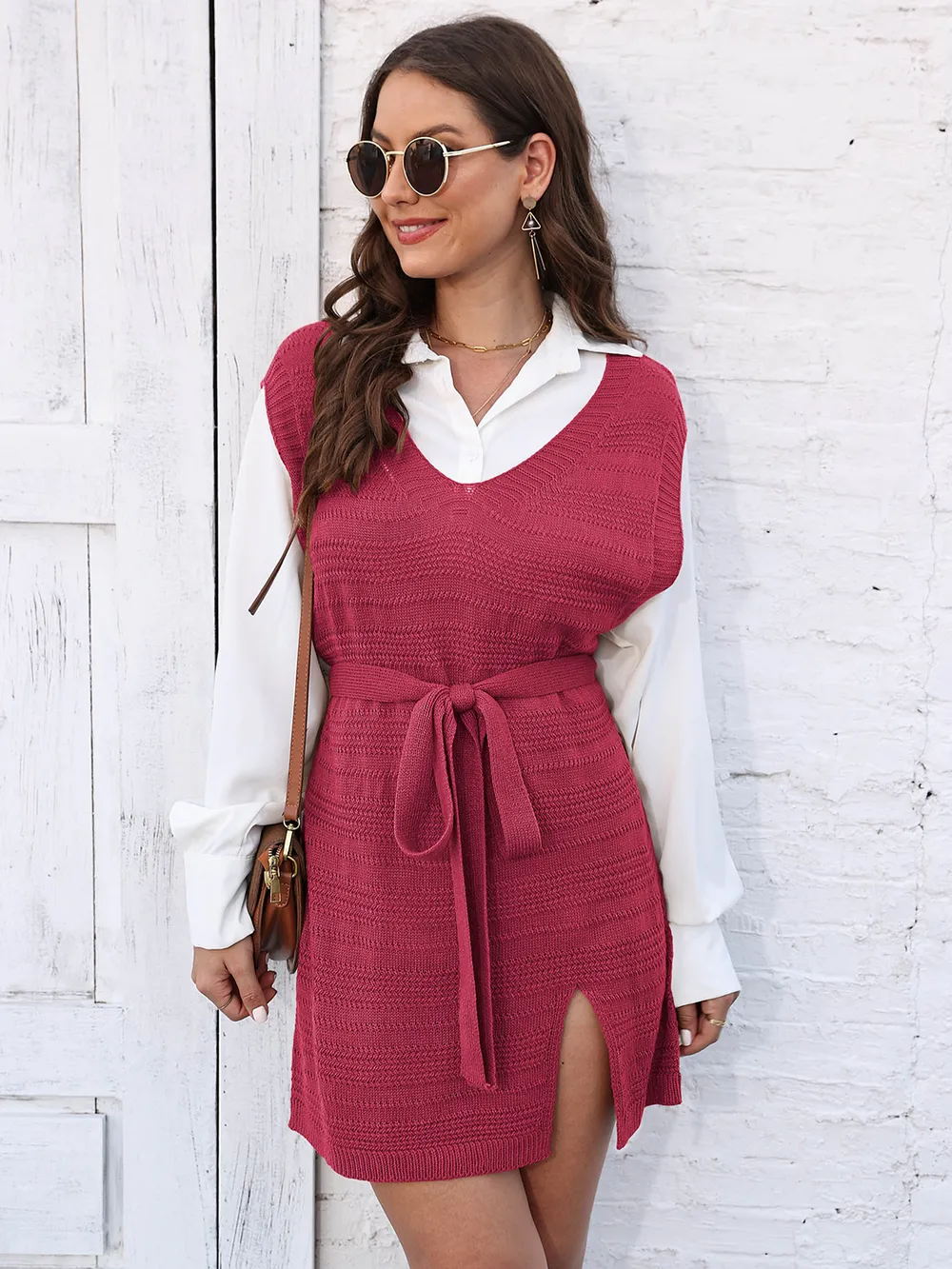 Tie Front V-Neck Sleeveless Slit Sweater Dress, image 17