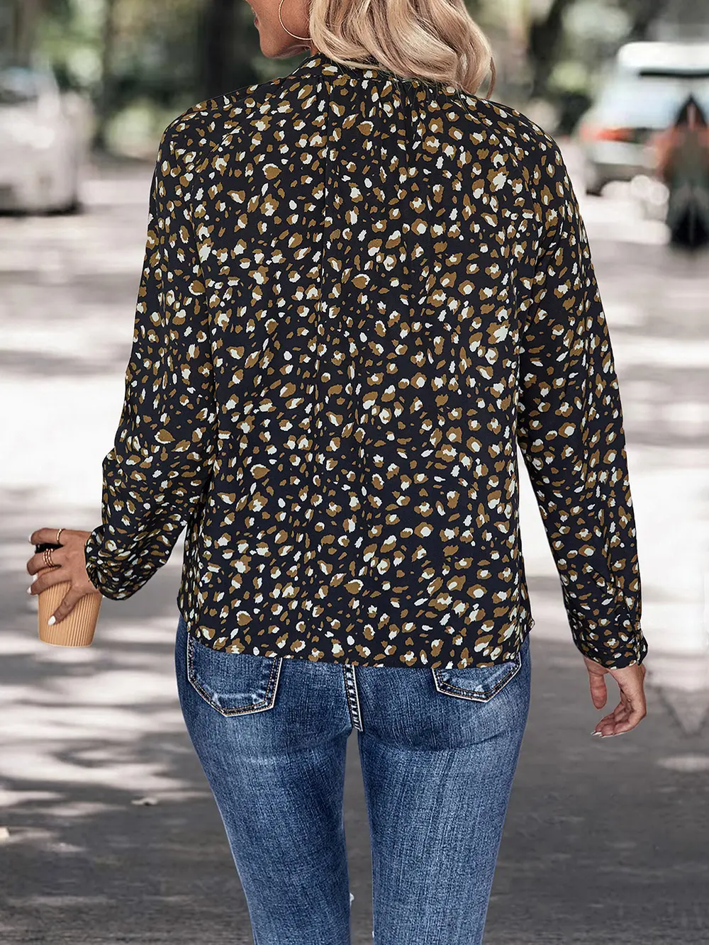 Printed Tie Neck Long Sleeve Top, image 2