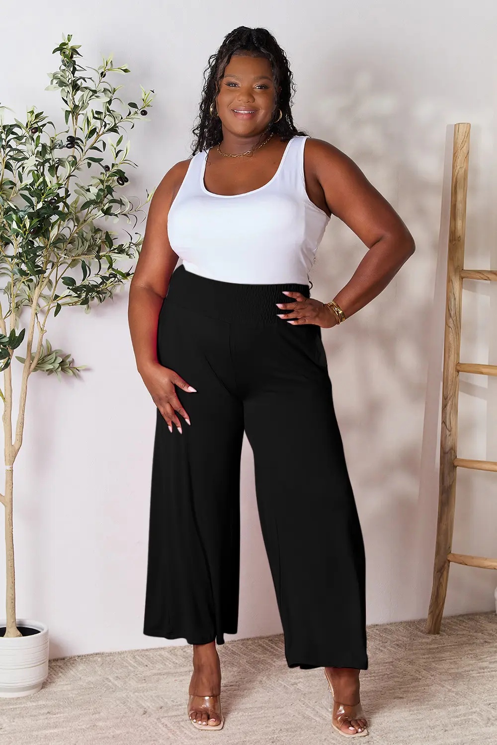 Full Size Smocked Wide Waistband Wide Leg Pants, image 12