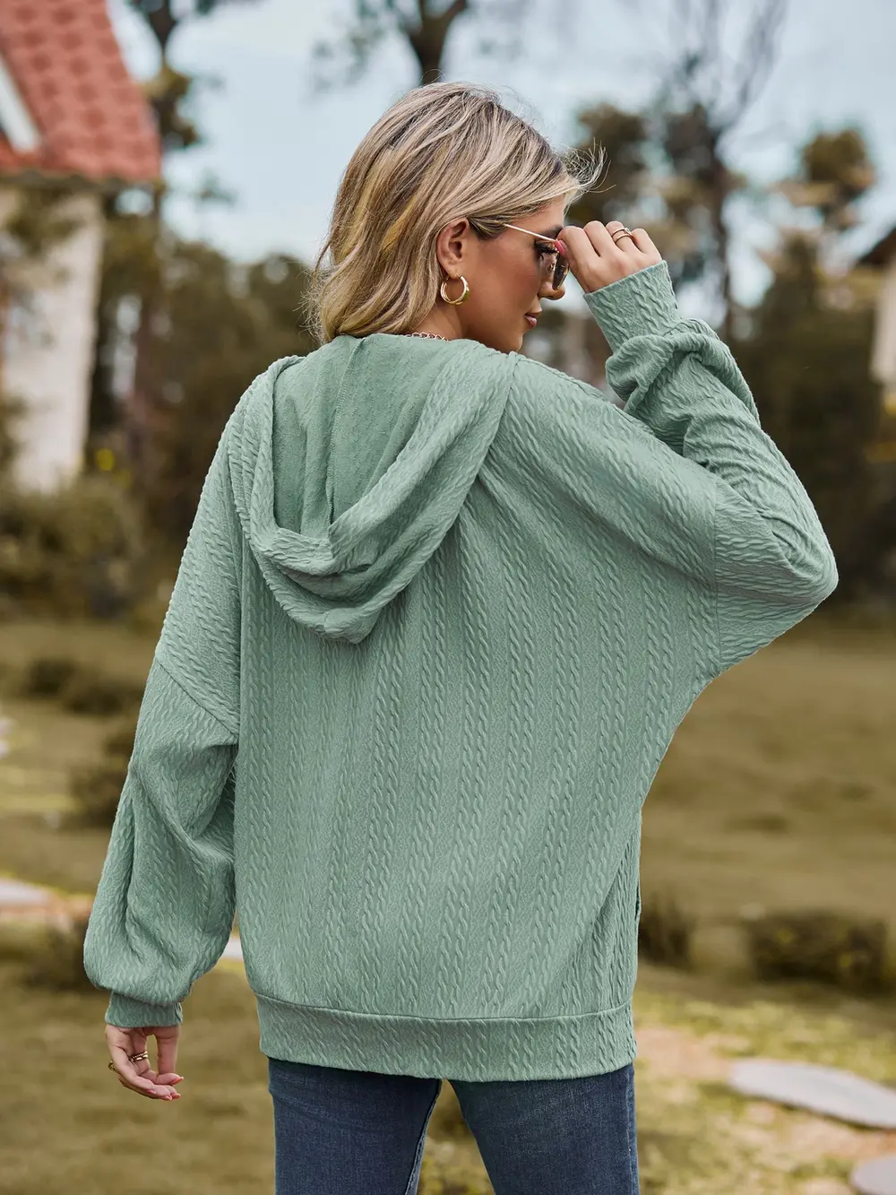 Zip Up Drawstring Long Sleeve Hooded Jacket, image 3