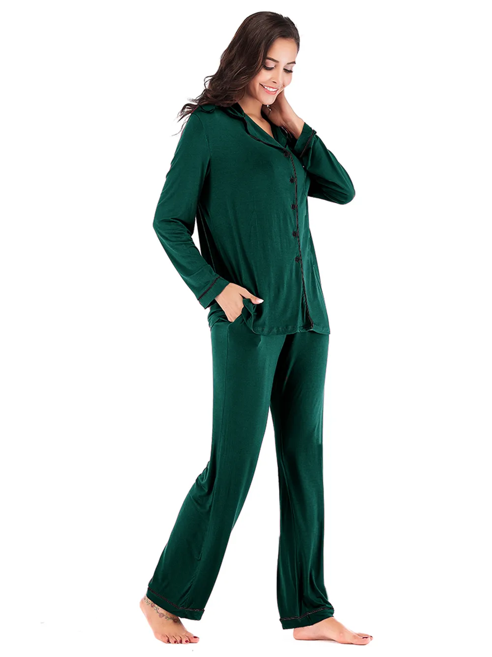 Collared Neck Long Sleeve Loungewear Set with Pockets, image 6