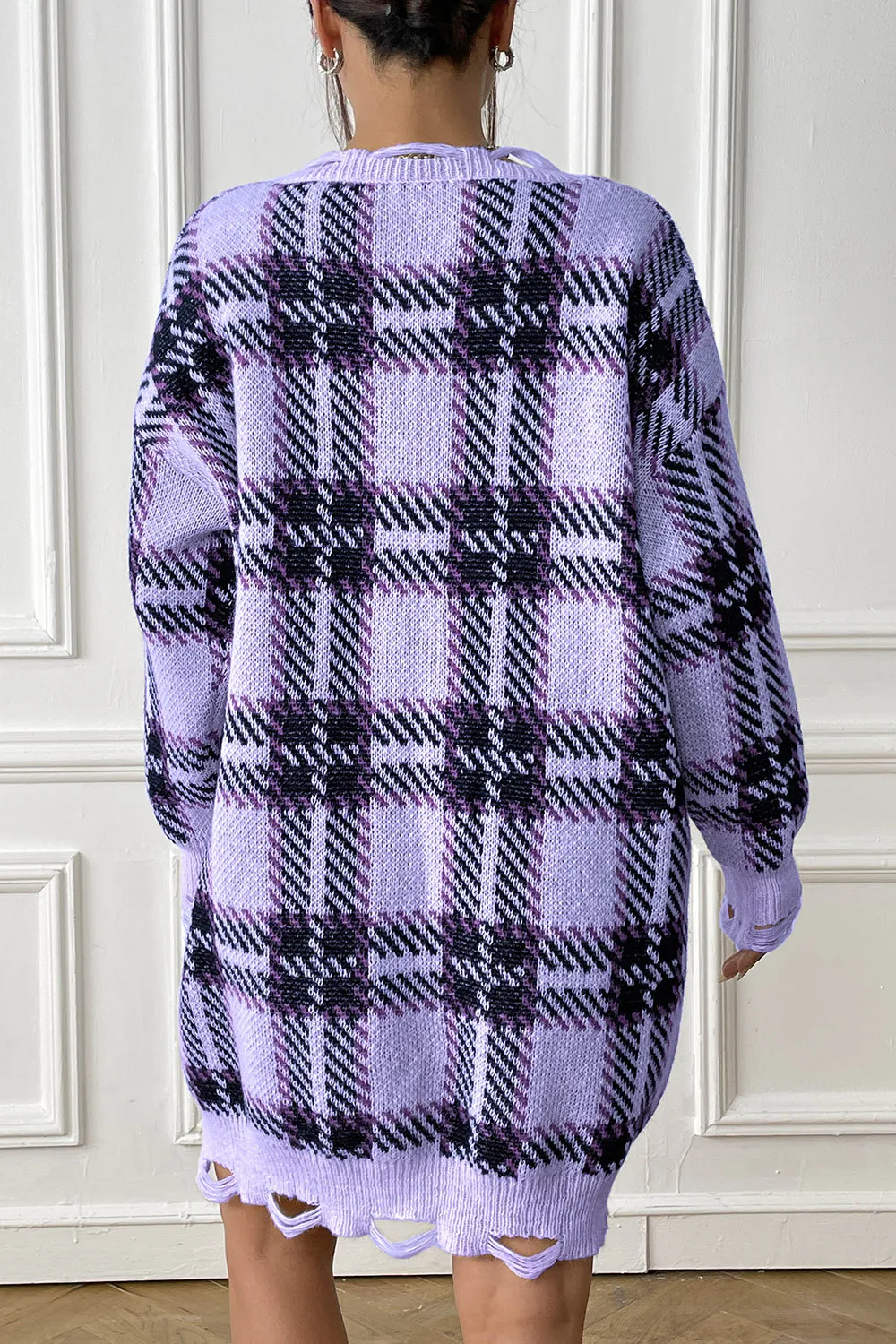 Plaid V-Neck Long Sleeve Sweater Dress, image 3