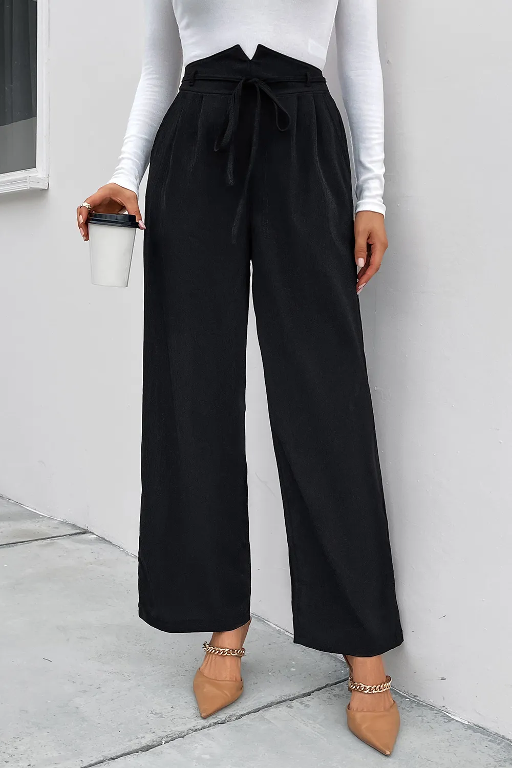 High Waist Ruched Tie Front Wide Leg Pants, image 4
