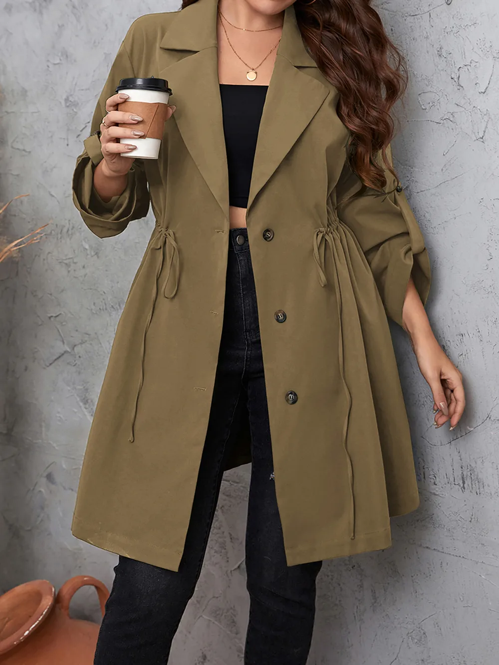 Plus Size Lapel Collar Drawstring Roll-Tab Sleeve Trench Coat, image 7