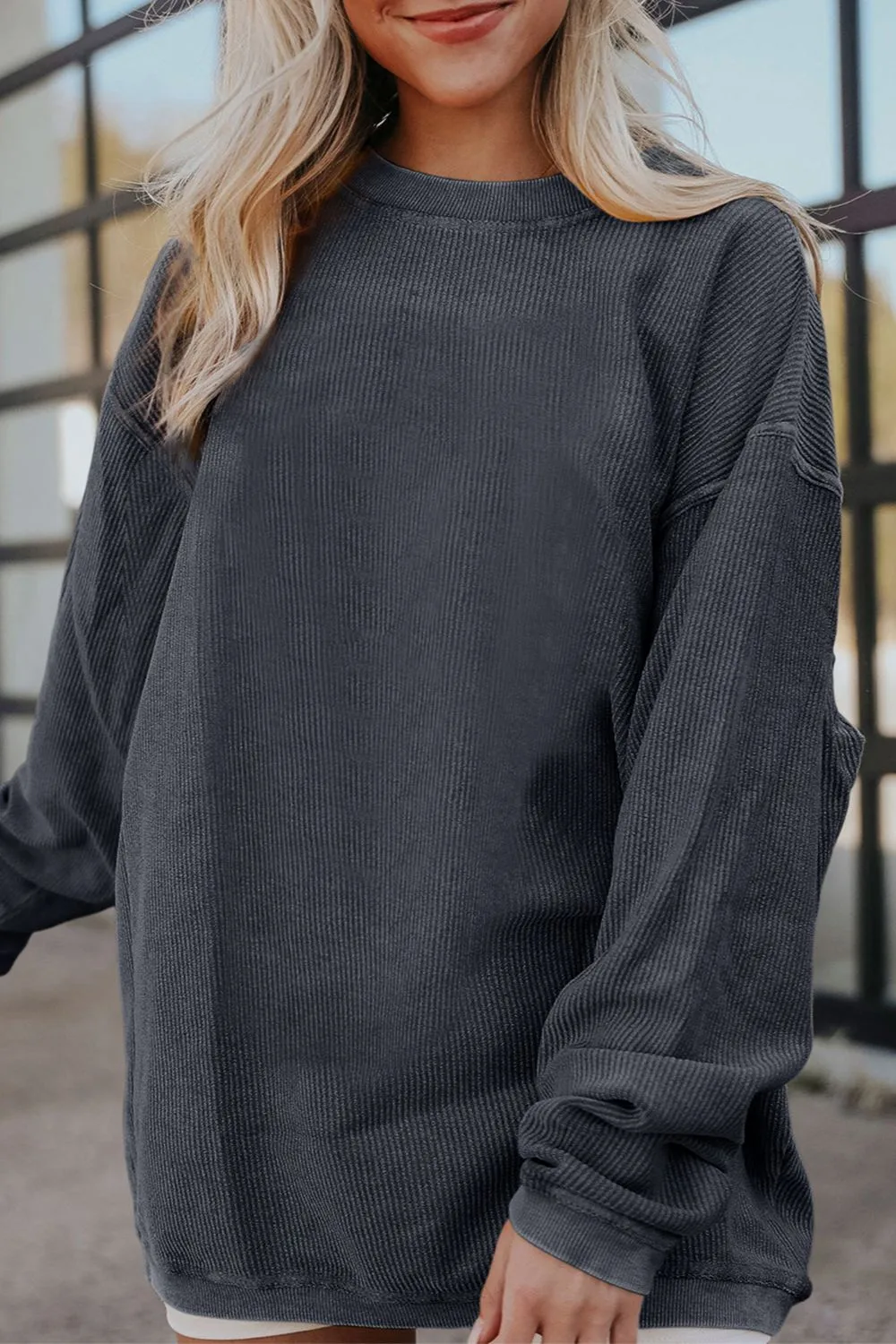 Ribbed Round Neck Drop Shoulder Sweatshirt, image 13